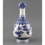 A Chinese blue and white garlic neck vase, Qianlong seal mark but later, drilled hole through
