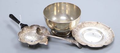 A George V plain silver sugar bowl, diameter 10.5cm, 4oz., a Victorian condiments spoon and an