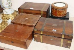 A Victorian mahogany and brass inlaid writing slope, another writing slope and four boxes