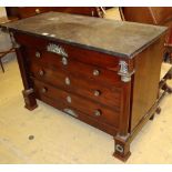 A French Empire ormolu mounted mahogany marble topped commode, fitted four long drawers, W.131cm,