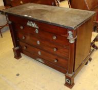A French Empire ormolu mounted mahogany marble topped commode, fitted four long drawers, W.131cm,