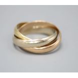 A Must de Cartier three colour 18ct gold 'Russian' triple band wedding ring, numbered 0 6373 L, size