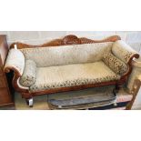 A William IV mahogany show frame settee with scallop shell back on original brass castors, W.197cm