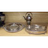 A plated kettle on spirit stand, height 35cm and two plated trays