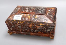 A 19th century tortoiseshell and mother of pearl sewing box, height 10.5cm