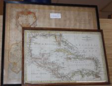 Robert Morden, coloured engraving, Map of Sussex, 36 x 43cm and an engraved map, The West Indies and