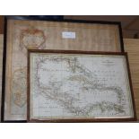 Robert Morden, coloured engraving, Map of Sussex, 36 x 43cm and an engraved map, The West Indies and