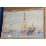 William K. Kerr, watercolour, Junks in Hong Kong harbour, signed and dated 50, 30 x 45cm