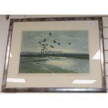Sir Peter Scott, signed colour print, Duck in flight, 38 x 55cm