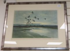 Sir Peter Scott, signed colour print, Duck in flight, 38 x 55cm