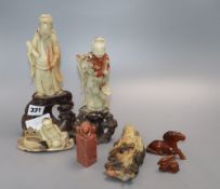 A quantity of Chinese hardstone carvings, tallest 24cm