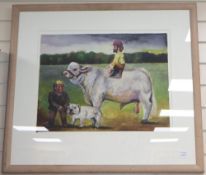 Alan Parker (b.1965), watercolour, Jockey on a bull and man with bulldog, signed in pencil and dated