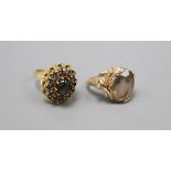 An 18k gold cabochon and sapphire cluster ring, size L, gross 5.9 grams and a 9ct. gold gem set