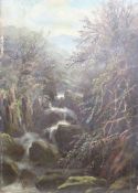 English School, oil on card, Study of a waterfall, indistinctly signed, 39 x 27cm, unframed