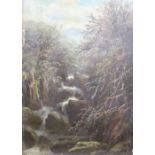 English School, oil on card, Study of a waterfall, indistinctly signed, 39 x 27cm, unframed