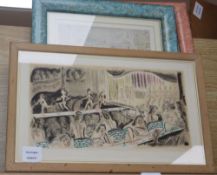 English School, three coloured etchings, Show girls and Busy street scene, largest 19 x 36cm