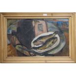 Mamohtobata, oil on canvas, Still life with fish on a plate, inscribed verso, 53 x 85cm