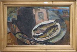 Mamohtobata, oil on canvas, Still life with fish on a plate, inscribed verso, 53 x 85cm