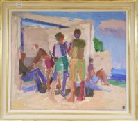 § Julian Bailey (1963-), oil on board, Figures on a beach, initialled, 65 x 75cm