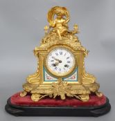 A late 19th century French gilt metal mounted eight day mantel clock (requiring restoration), height