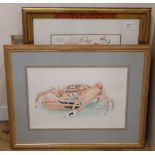 Willy Fielding, watercolour and ink, Crab playing poker, signed and dated '90, 29 x 45cm, and four