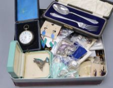 A group of assorted costume jewellery, including a silver and fork christening set