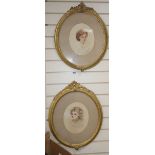 French School, pair of watercolours, Portraits of ladies, 27 x 21cm, ornate gilt gesso frames