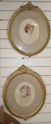 French School, pair of watercolours, Portraits of ladies, 27 x 21cm, ornate gilt gesso frames