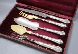 A 19th century French silver and ivory five piece carving and serving set, in original fitted box