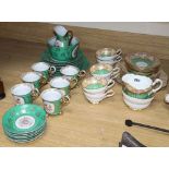 A Paragon china green and gilt part tea set and a Continental part tea set, decorated with printed