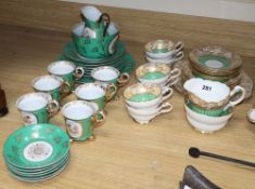 A Paragon china green and gilt part tea set and a Continental part tea set, decorated with printed