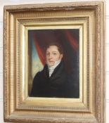 19th century English School, oil on mill board, Head and shoulder portrait of a gentleman wearing