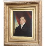 19th century English School, oil on mill board, Head and shoulder portrait of a gentleman wearing