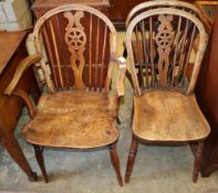 Five Victorian and later Windsor ash and elm dining chairs (one with arms)