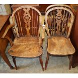 Five Victorian and later Windsor ash and elm dining chairs (one with arms)