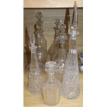 A silver collared decanter and eight other decanters, tallest 46cm incl. stopper