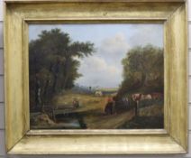 Victorian School, oil on canvas, Harvesters in a landscape, 38 x 49cm