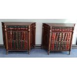 A pair of 19th century style painted side cabinets, with faux leather binding fronts, W.92cm, D.
