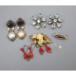 A pair of mabé pearl set enamelled gilt metal drop earrings, 4.5cm, a pair of paste flowerhead clips