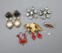 A pair of mabé pearl set enamelled gilt metal drop earrings, 4.5cm, a pair of paste flowerhead clips