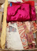 A silk Indian woven shawl, embroidered panel and table cover, various samples of brocade and damask