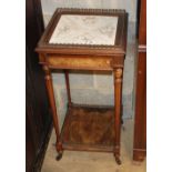 A late 19th century French walnut etagere with tile inset top and frieze drawer, W.37cm