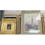 A group of assorted paintings and prints including Lesley Badam watercolour of Gravesend, 26 x