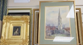 A group of assorted paintings and prints including Lesley Badam watercolour of Gravesend, 26 x