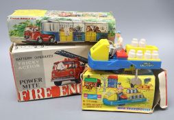 Three clockwork toy vehicles: A circus animal car, boxed; a milk transporter, boxed and a