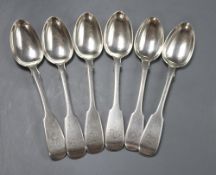 A set of five Victorian silver fiddle pattern teaspoons, 1838, and a similar William IV spoon, 6oz.