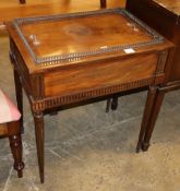 A Louis Phillipe burr walnut and mahogany square marble topped jardiniere stand, W.68cm, H.48cm