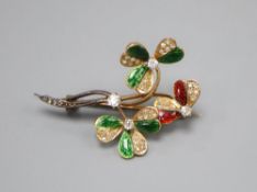 A 14ct gold diamond and enamel clover brooch, lacking some petals, 3.5cm, gross 4.3 grams