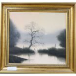 Michael John Hill, oil on board, Moonlit pond, signed, 29 x 32cm