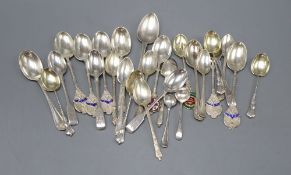 Twenty nine assorted silver tea and coffee spoons including some with enamelled presentation